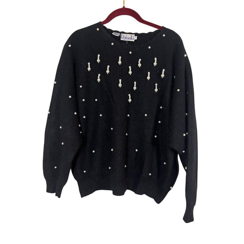 Retro Wool Beaded Knit Sweater L Black Pearl Tassel Rabbit Hair Preppy Old Money
